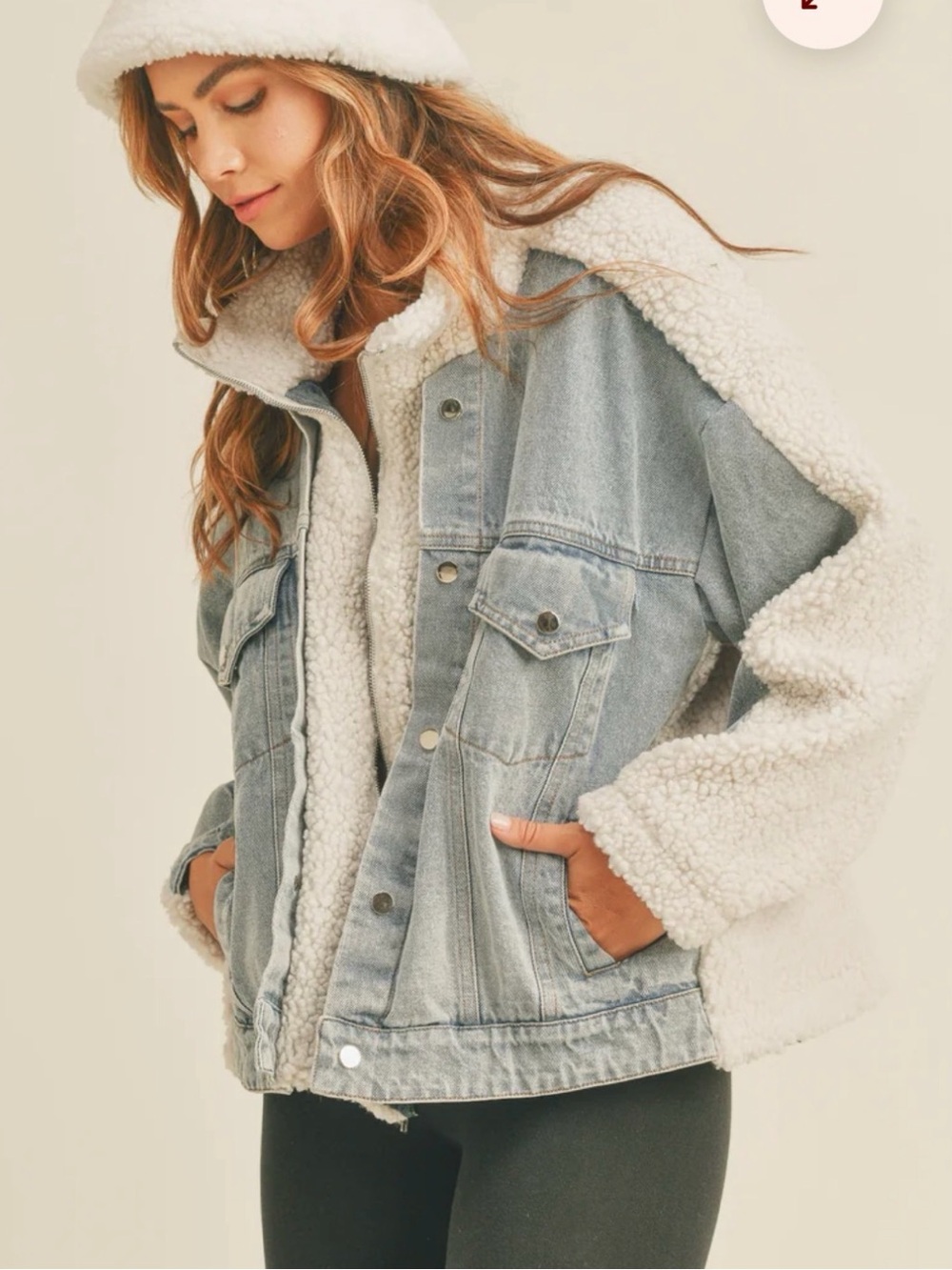NWOT Mable Women’s Sherpa-Lined Light Blue Denim Teddy Jacket with Cream Trim - Picture 4 of 14